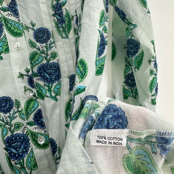 Mary Marshmallow Tunic Dress Green Blue Floral Button Down 100% Cotton Size XS - Picture 4 of 5